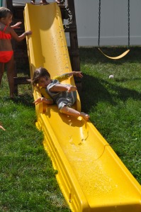 I believe this was Leo's first and only trip down the slide!
